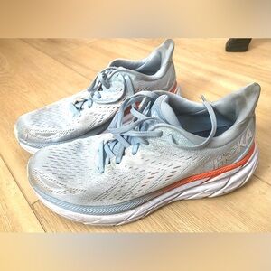 Hoka One One Clifton 8 in Light Blue and Orange
